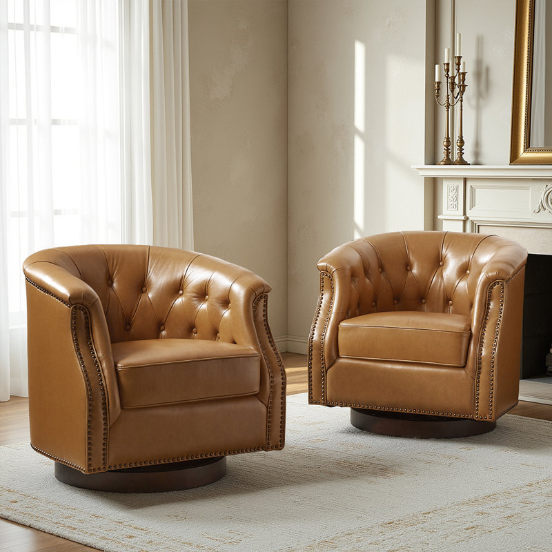 Chaise berçante et pivotante en cuir véritable avec garniture cloutée Nixmary Chesterfield, Cuir véritable chameau