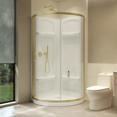 Breeze 44 in. L x 44 in. W x 77.36 in. H Round Corner Shower Kit in Brushed Gold, Clear Sliding Door, Walls and Pan