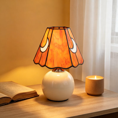 Lampe champignon lune en verre coloré style Tiffany pour chambre à coucher, petite lampe de table de chevet avec base en céramique, ampoule E26 3 couleurs, éclairage décoratif pour salon, bureau, chambre de bébé, dortoir, orange