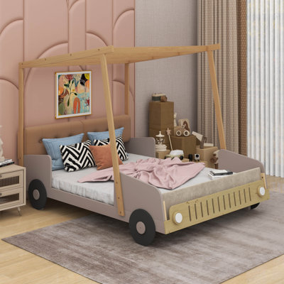 Wood Car Bed with Pillow, Ceiling Cloth