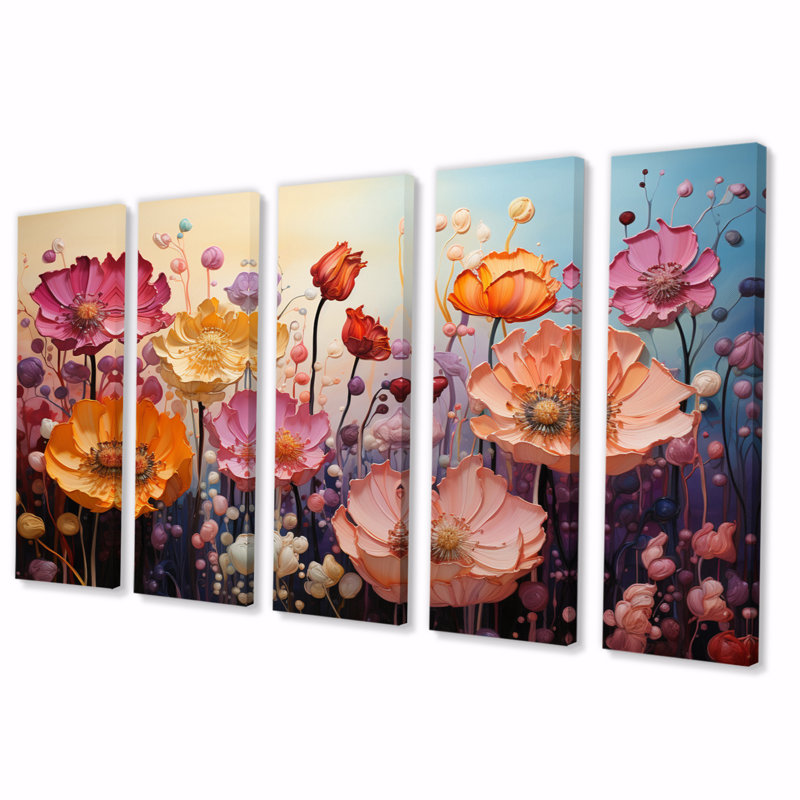 Fleurs éternelles mauves, fleurs jaunes et éternelles - impression sur toile florale - 5 panneaux égaux