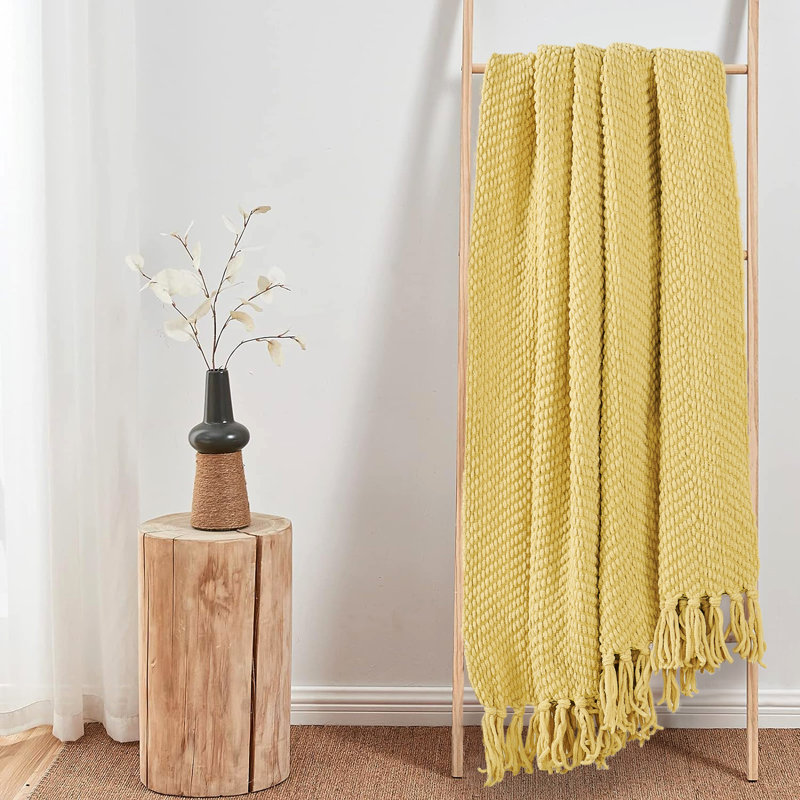 Jeté en tricot de tweed, Jaune jojoba, 60 po x 80 po