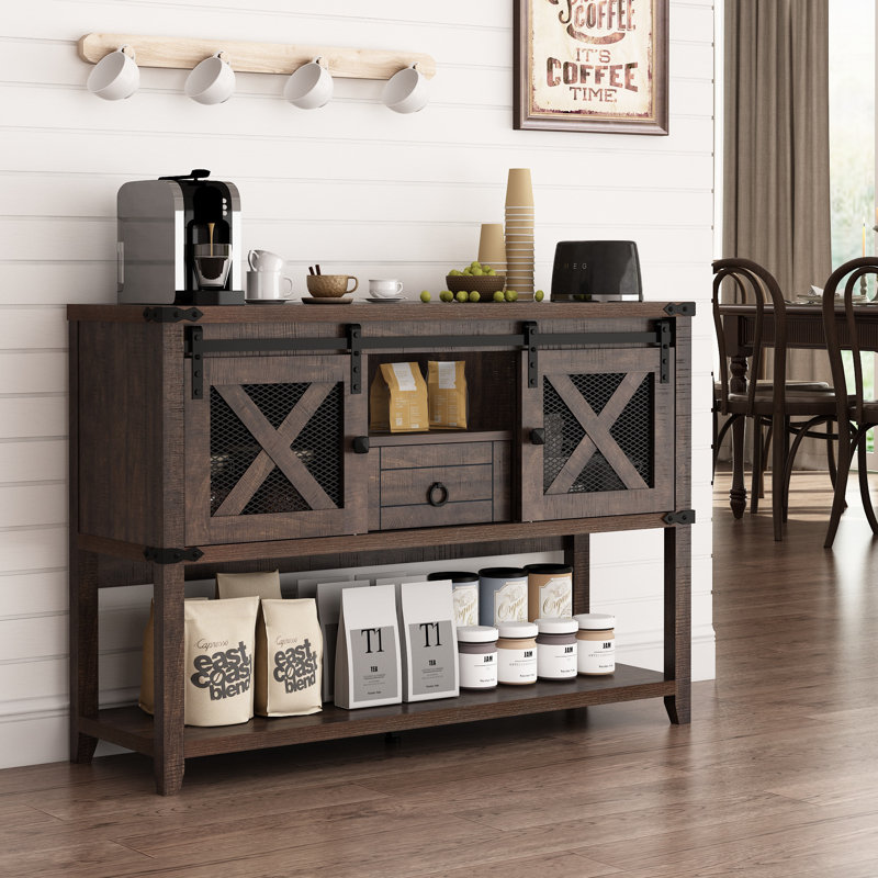 Buffet de 46 po avec 2 portes de grange coulissantes et console de tiroir avec buffet en bois pour le couloir du salon, Brun