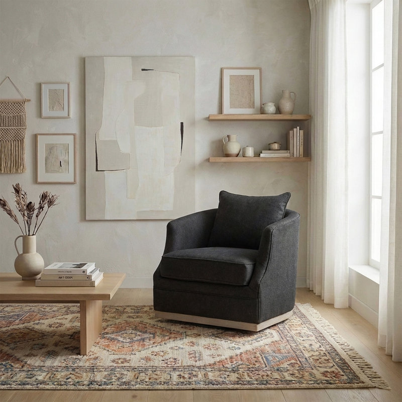 31" Wide Linen Fabric Upholstered Swivel Barrel Chair, Black