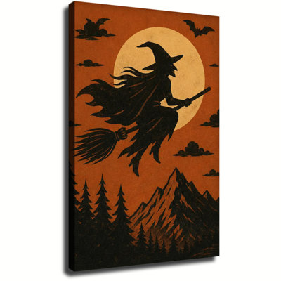 Sorcière volant sur un balai au-dessus d'une montagne sous la pleine lune - Décoration murale rétro d'Halloween sur toile