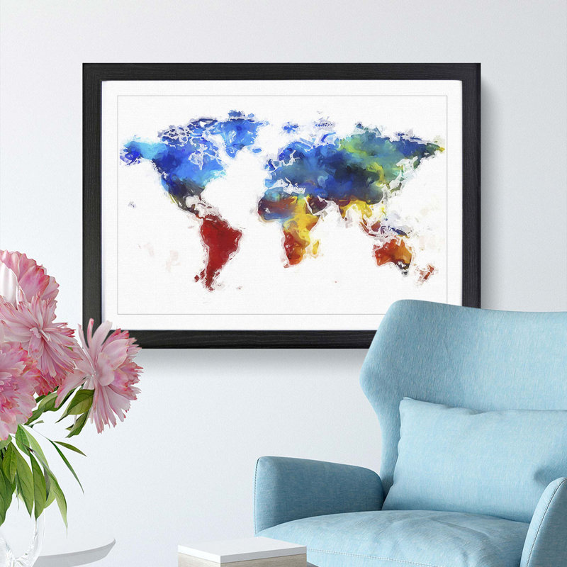 Abstract Map of the World - Picture Frame Painting Print on MDF, 48cm H x 65cm W x 2cm D, Black Framed