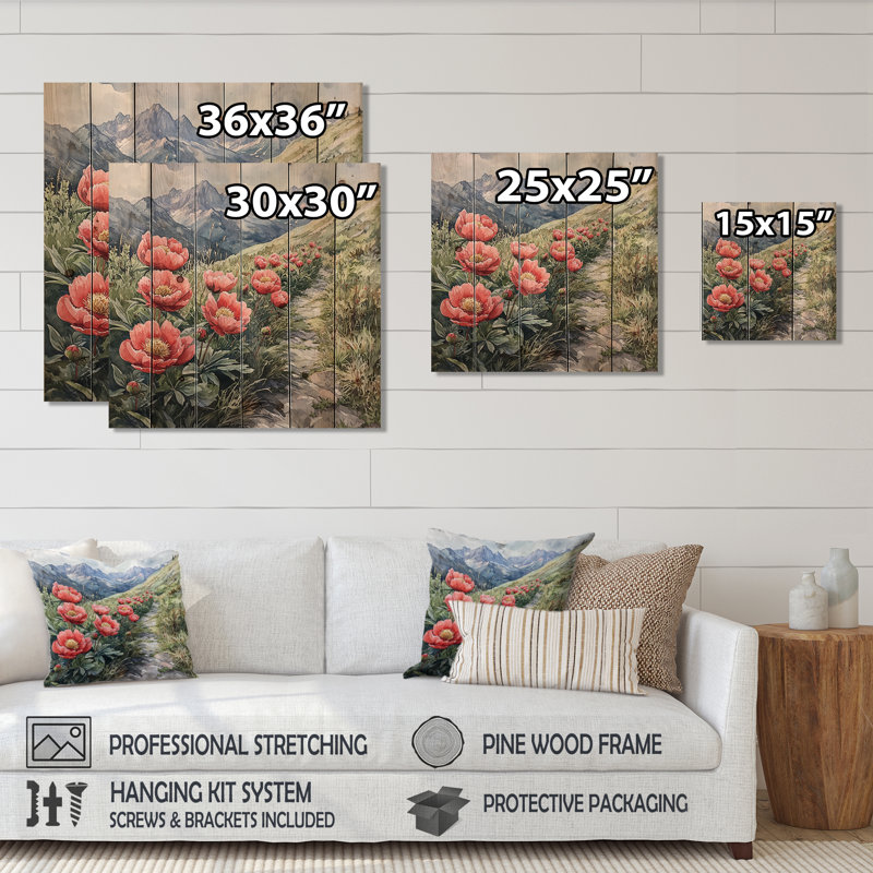 Pivoines et pics d'été Mountain IV - Décoration murale en bois pivoines - sur bois de pin naturel