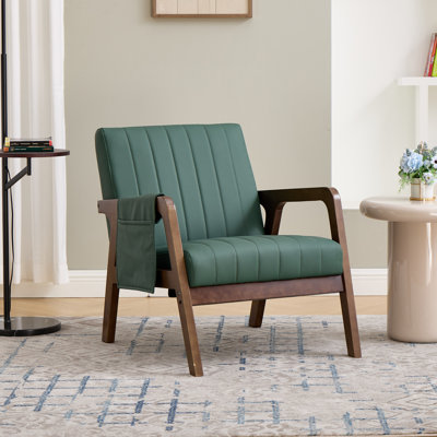 Fauteuil d'appoint Mid-Century moderne avec pochette de rangement latérale, fauteuil en similicuir rembourré avec structure en bois massif, fauteuil de lecture pour le salon, la chambre à coucher