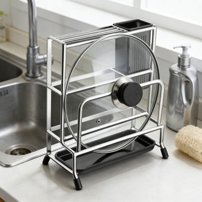Multifunctional Kitchen Storage Rack For Cutting Boards, Pot Lids, And Utensils - 18/8 Stainless Steel Organizer With Knife Block And Removable Drain Tray