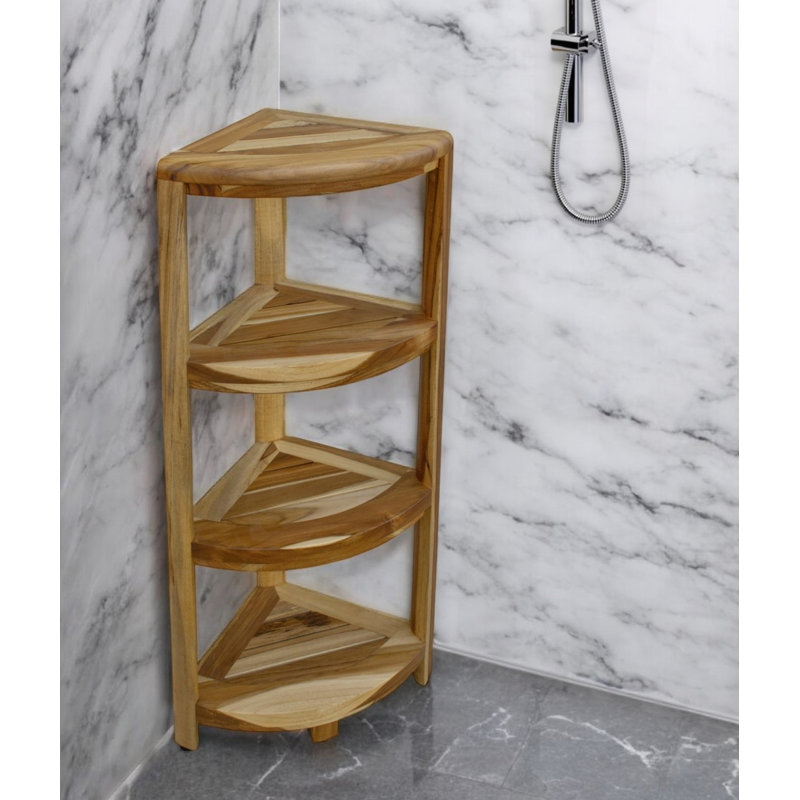 38" Natural Solid Teak Wood Freestanding Corner Shelving Unit, Brown