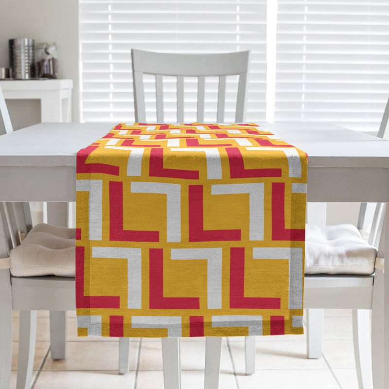 Kansas Geometric Table Runner, 90" x 16", Red/White/Gold, Polyester