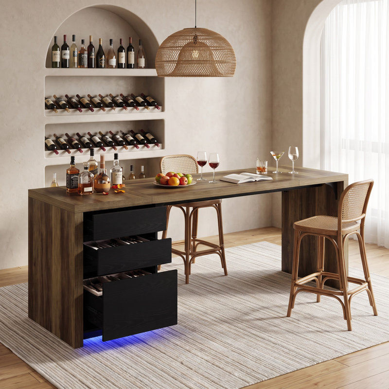 Table de bar à hauteur de comptoir de 79 po avec 3 tiroirs de rangement et lumière DEL