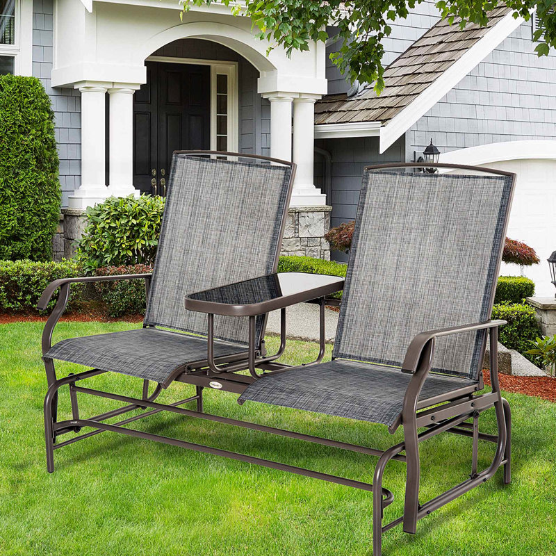 Outdoor Glider Bench With Centre Table. Gray Metal Frame Patio . Double Gliding Relax. Breathable Mesh . Holds 726 Lbs. Suits Backyard, Garden, Porch. 32"D X 58.25"W 39.25"H Table Integration