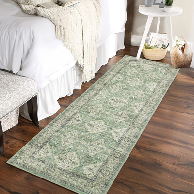 Washable Runner Rug 2 x 6 Vintage Floral Hallway Rug Non Slip Backing Stain Resistant Area Rug Farmhouse Floor Cover for Bedroom Kitchen Laundry Green