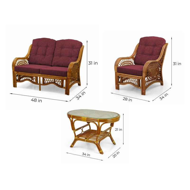 Malibu Lounge Set Of 4: 2 Natural Rattan Wicker Chairs, Loveseat And Coffee Table W/Glass Handmade, Colonial, Dark Brown
