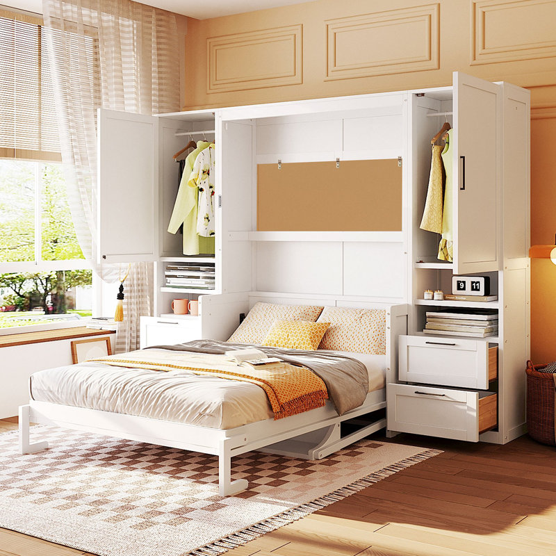 Murphy Bed Wall Bed With Closet ,Drawers And Shelves, Full, Blanc