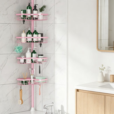 Poteau de tension de coin pour chariot de douche, tablette réglable de 25 à 114,2 pouces, organisateur de salle de bain rose antirouille pour shampooing et nettoyant pour le corps, support de douche sans perceuse pour les locataires et les appartements