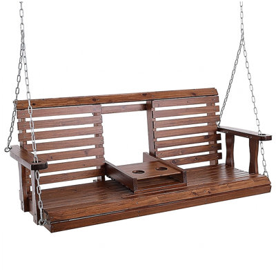 Balancelle de porche en bois de 1,5 m avec chaînes de suspension galvanisées, dossier inclinable, porte-gobelet pliable et finition polyuréthane 3 couches, capacité de 400 kg, sapin massif, marron