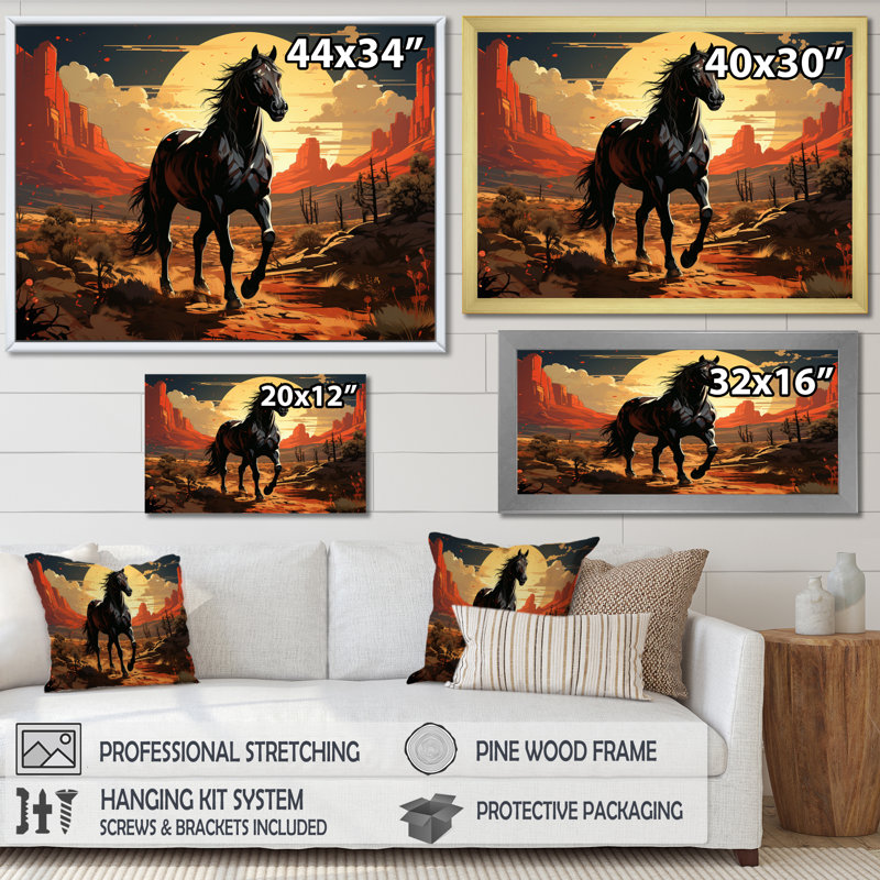 «A Black Horse In Nevada I», reproductions d'art mural animaux, H 12 po x l 20 po x P 1 po, Cadre photo blanc