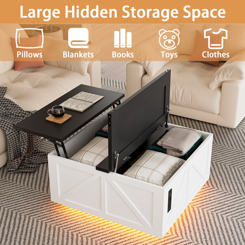 Wrought Studio™ 36 Lift Top Coffee Table With Storage, Square Coffee Table For Living Room With Led Light & Power Outlets, Farmhouse Coffee Table With Large Hidden Storage Compartment