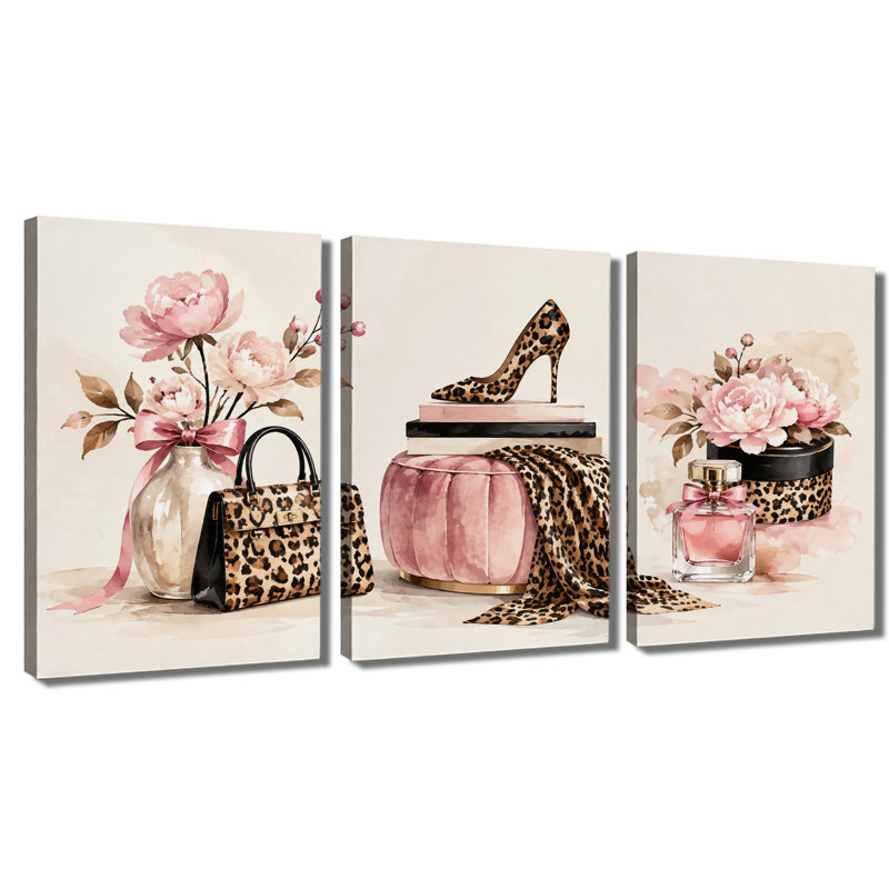 3 panneaux muraux aquarelle léopard, impression sur toile pivoine, mode, 28 * 40 pouces * 3