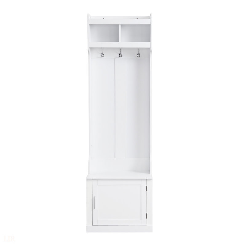 Arbre d'entrée minimaliste avec armoire et 6 crochets, banc de rangement multifonctionnel pour petits espaces, Blanc