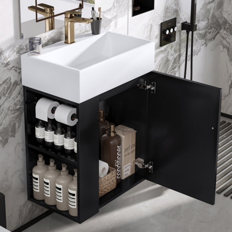 Meuble-lavabo de 20 po avec lavabo en céramique, porte à motif de losanges, poignées dorées et tablettes de rangement latérales - petit cabinet moderne avec barre à serviettes, fabrication en panneau de fibres à densité moyenne, assemblage requis
