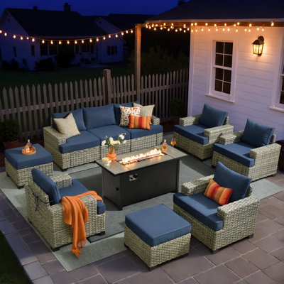Sturgill 10-Piece Modular Patio Sectional Sofa Set with Armchairs And Ottomans,Outdoor Seating Group with Rectangular Fire Pit Table
