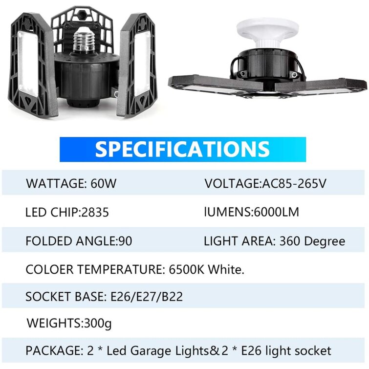 LED Garage Lights 150W LED Garage Lighting Super Bright Deformable Garage Light Basement Lighting Fixture Adjustable Roller Efficient Heat D - 2