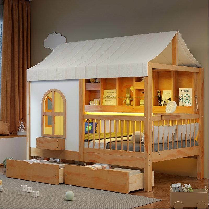 Lit simple simple avec 2 grands tiroirs, bibliothèque latérale avec bande DEL, naturel, H 53,9 po x l 41,9 po x P 77,7 po