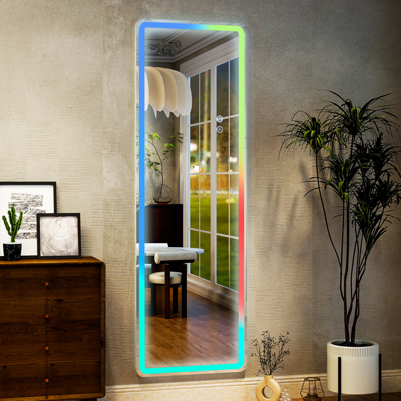 Full Length Mirror With RGB LED Light Floor Mirror Wall-Mounted, White, 60" x 16"