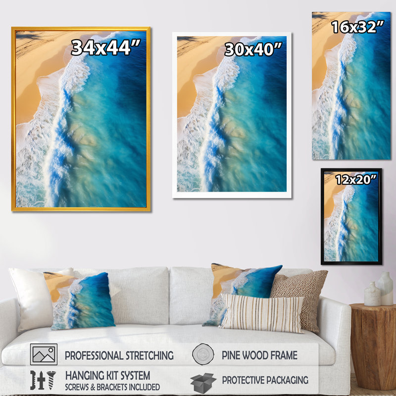 Vagues aériennes, plage, évasion I - art mural plage, H 32 po x l 16 po x P 1 po, Cadre flottant doré