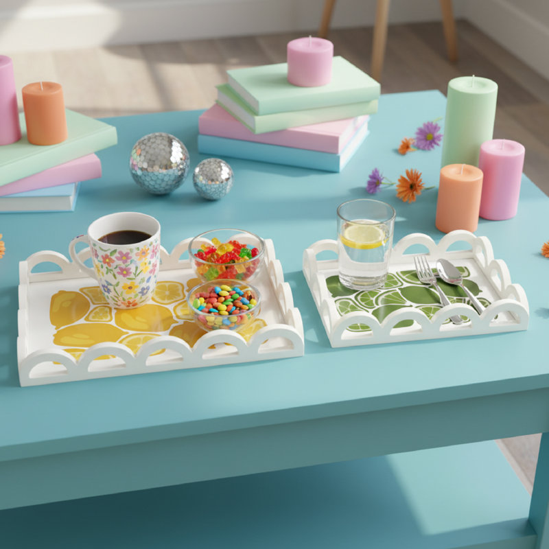Ensemble de plateaux de service rectangulaires festonnés 2 pièces, plateaux de cuisine décoratifs à imprimé citron et citron pour comptoir de cuisine, organisation de fêtes, table basse et bureau