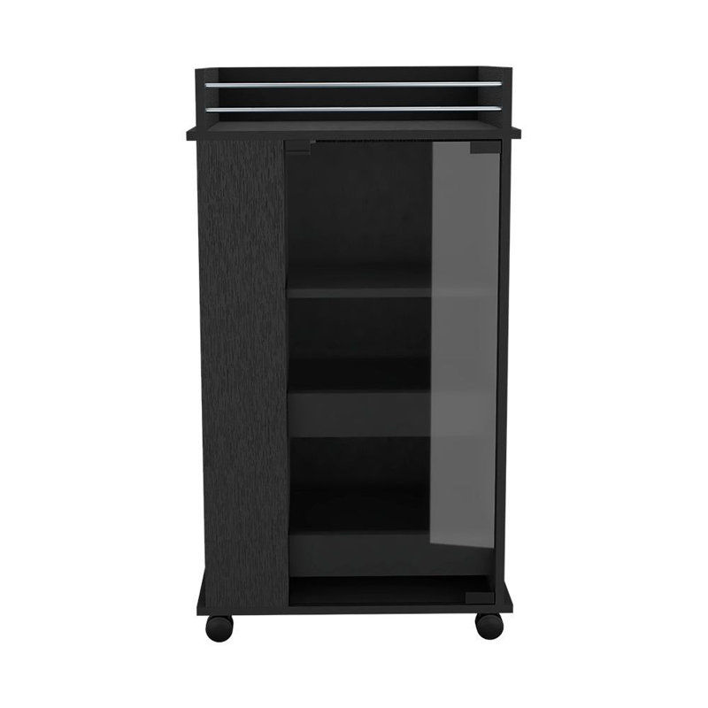 Lansing Bar Cart with Glass Door, 6 shelves and Casters, Living Room, Black, Black