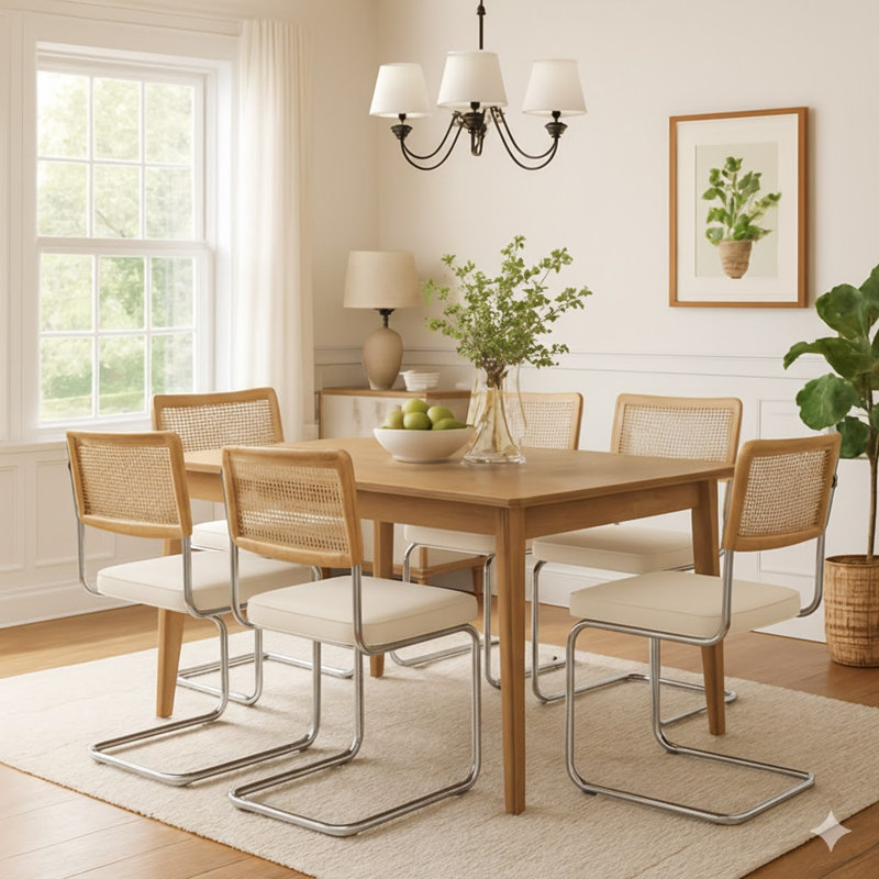 Modern Velvet Dining Chairs Set Of 6, Rattan Back & Chrome Base,Beige, Velvet Beige
