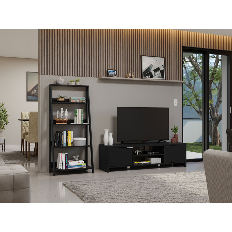 Yonina TV Stand with Storage 65" + Ladder Shelf Standing Bookcase, Black, 81"