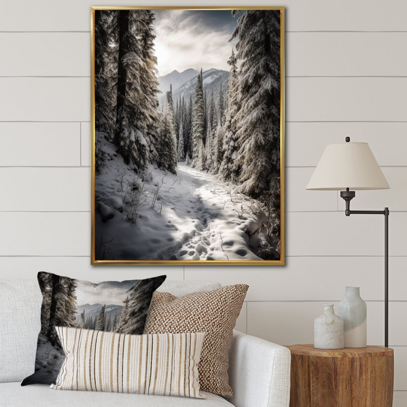Frosty Snow Forest Path II - impressions sur toile neige, Cadre flottant doré, H 32 po x l 16 po x P 1 po