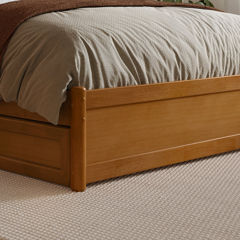 Lit plateforme en bois massif avec pieds de lit et tiroirs de rangement Lamari, Caramel clair, Double