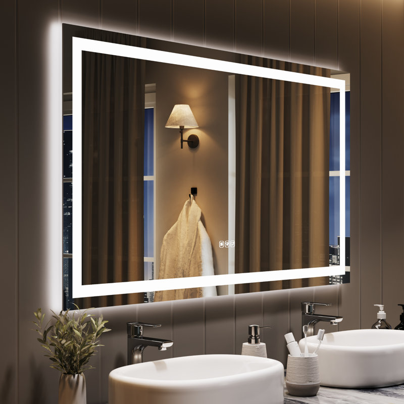 Miroir de salle de bain mural sans cadre à DEL, lumières à intensité variable à l'avant et à l'arrière, température de couleur continue, antibuée, fonction mémoire, verre trempé HD résistant aux chocs, montage horizontal et vertical