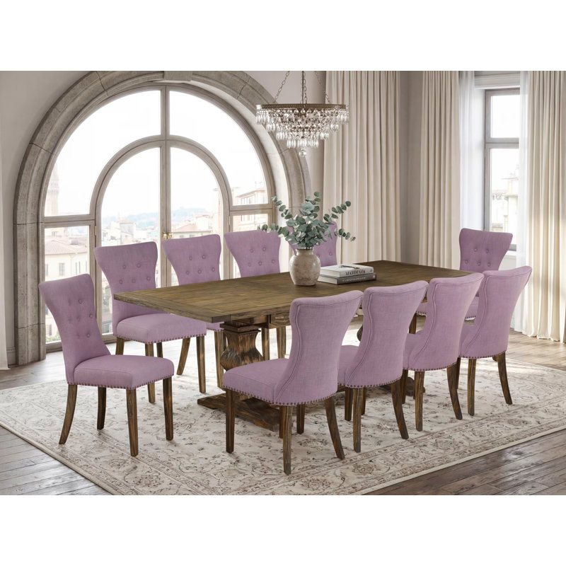 11 Piece Dinette Set Includes a Rectangle Dining Room Table with Removable Leaf and 10 Dahlia Linen Fabric Parson Dining Chairs, Distressed Jacobean