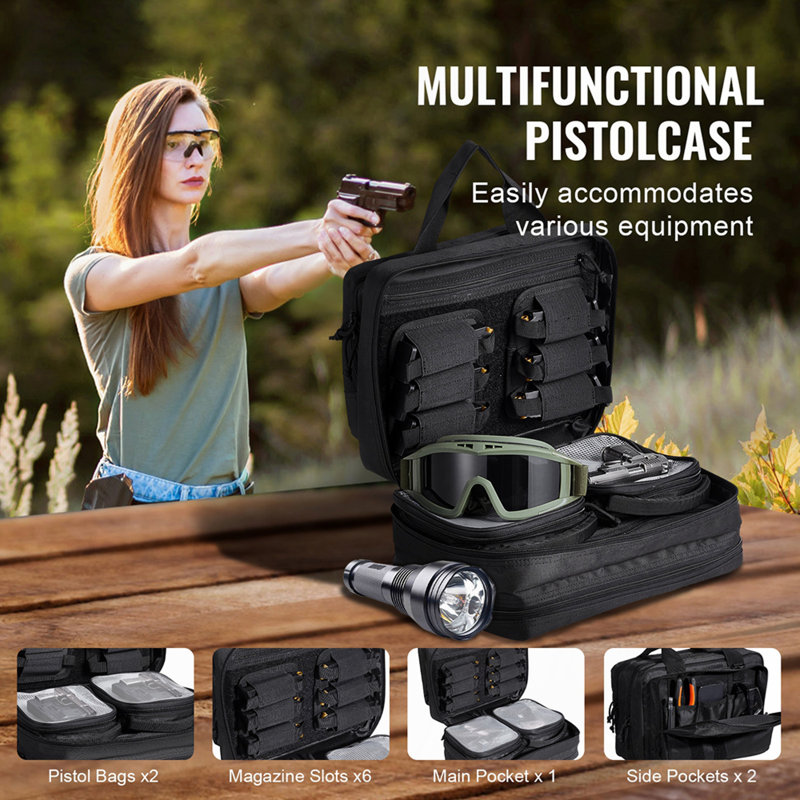 Sac à dos de pistolet tactique avec 2 étuis à pistolet, sac à dos avec 6 porte-revues pour tir et chasse