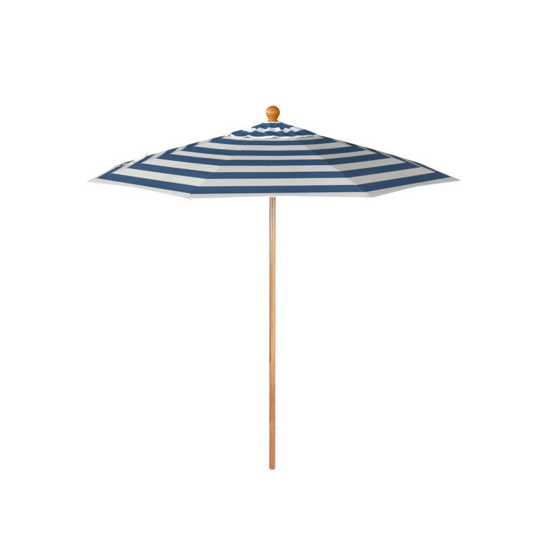 Parasol en bois de teck 7,5 pi, Blanc / bleu / rayé