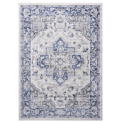 Tapis bleu / gris Stain 2x3, parfait pour le vestibule, le salon, la chambre à coucher, la chambre