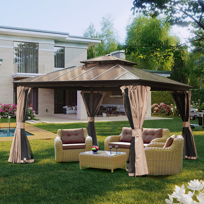 Aluminum Patio Gazebo Permanent Double Polycarbonate Roof Canopy, 12 ft x 12 ft, Dark Brown