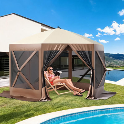 Tente pour abri de jardin 12 x 12 pi Pop-Up avec toile moustiquaire à 6 côtés, abri à moustiquaire à fixation rapide Sun Shelter, tissu Oxford 600D résistant aux rayons UV et imperméable, pour cour, camping et jardin