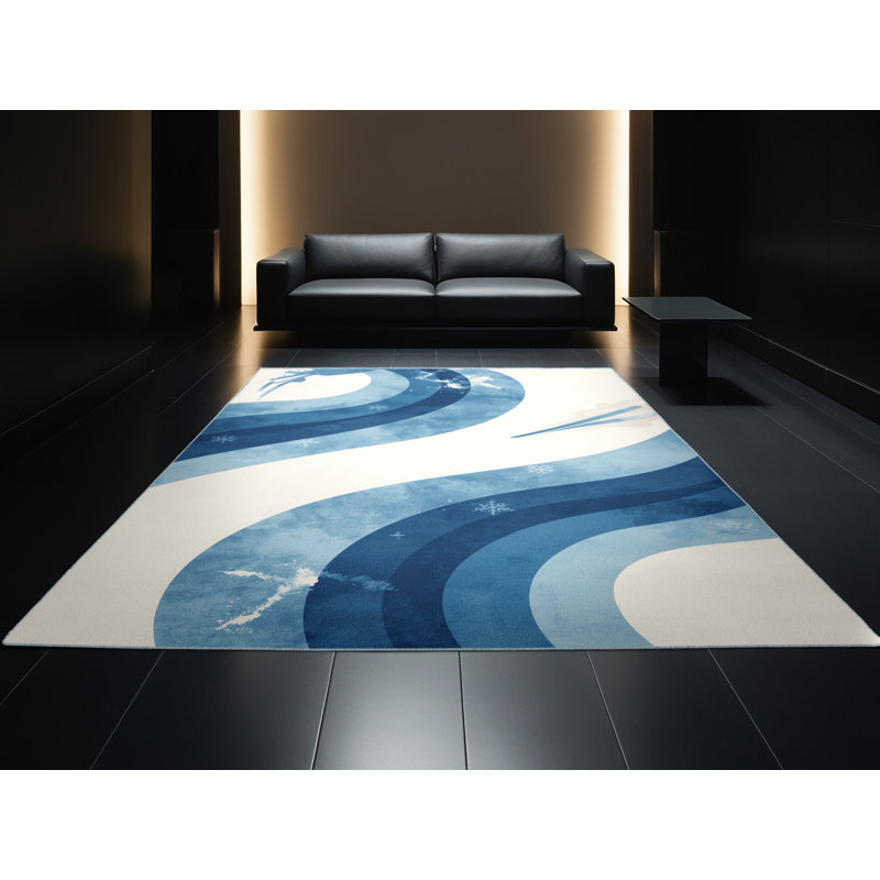 Machine Washable Aguilar Skiing Downhill Bold & Eclectic Modern Arc Rug in Beige – SkyBlue Binding, 7x10
