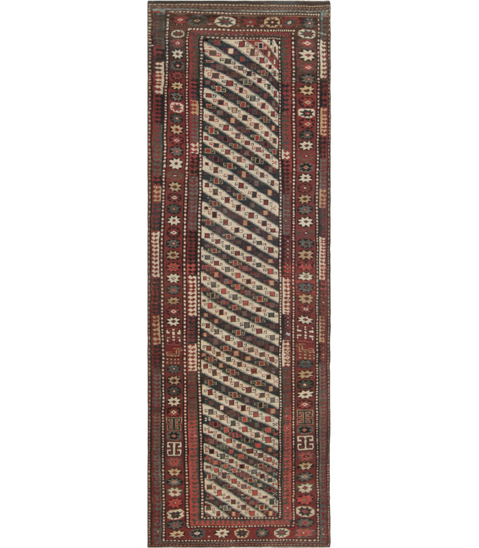Tapis de couloir rouge en laine noué à la main 3 pi 5 po x 9 pi 8 po rouge du 19e siècle