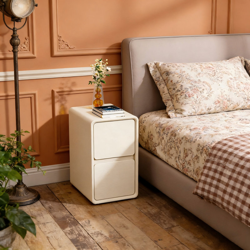 Solid Wood Nightstand, Leather Nightstand With 2 Spacious Storage Drawers, Narrow Bedside Table, End Table, Compact Design, Perfect For Bedroom, Small Spaces
