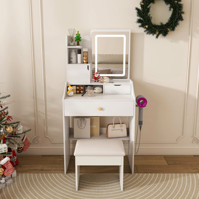 3-Color Led Vanity Mirror With Stool, Dressing Table For Bedroom, 2 Drawers & 5 Storage Cabinets (4 Open + 1 Hidden), Adjustable Lighting by George Oliver