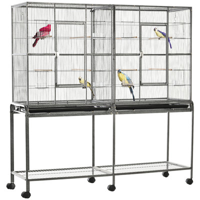 65" Double Rolling Metal Bird Cage From With Detachable Stand, Storage Shelf, Wood Perch, Food Container - Roomy For Well-being Cage: Perch & Spacious Enjoyment Time